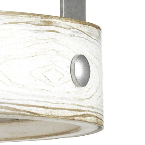 Close-up of the Coastal Farmhouse Pendant Light, featuring a whitewashed faux-wood band and galvanized metal accent