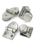 Rock Solid Frameless Glass Door Hinge Flat Open Cabinet Connector For Wine Rack And Pet Crate Killer Quality Stainless Steel Furniture Hardware Hella Durable Window Fitting Single Piece Pro Install Grade close-up, showing multiple stainless steel hinges.