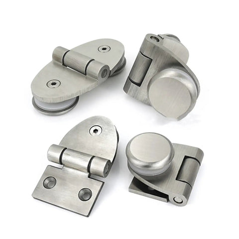 Rock Solid Frameless Glass Door Hinge Flat Open Cabinet Connector For Wine Rack And Pet Crate Killer Quality Stainless Steel Furniture Hardware Hella Durable Window Fitting Single Piece Pro Install Grade close-up, showing multiple stainless steel hinges.