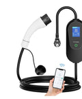 Portable 3600W Electric Vehicle Charger With Type 1 And Type 2 Sae J1772 Connector Wifi Bluetooth Evse Charging Cable in use with smartphone.