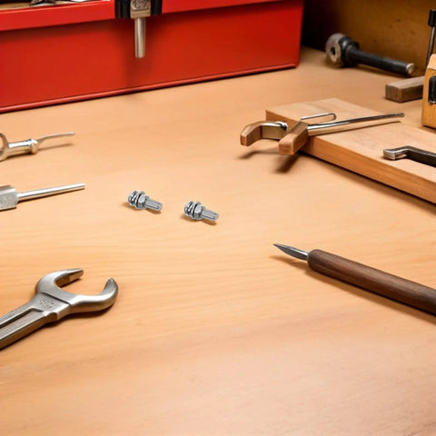 Solid 108 Piece Stainless Steel Screw Kit With Matching Nuts And Washers on a workshop table with tools.