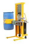 Yellow drum lifter machine holding blue barrel for industrial use