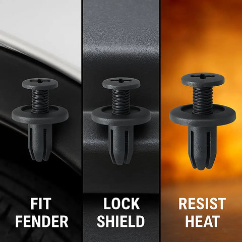 Three black nylon retainer clips on fender, shield, and heat backdrop, from 100 Piece Front Fender Clip Kit Push In Nylon Retainer Clips Fasteners Rivets 15mm Head 12mm Stem 6mm Hole Black Fits Honda Cars Replaces 90683 SA5 003 Auto Body Trim Clips