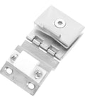 POPETPOP glass door hinge for wine cabinets; silver metal clamp hinge with screws, close-up view