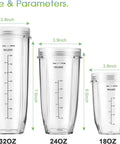 Size comparison of 32oz, 24oz, and 18oz BPA-free clear cups for Auto IQ blenders, featuring wide compatibility with various models.