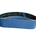 Pro Grade Calcined Aluminum Oxide Sanding Belts Set Of Five Four By Thirty Six Inch Assorted Grit Pack, blue sanding belt on flat surface.