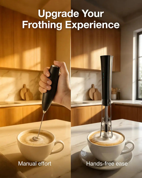 Rechargeable Milk Frother Handheld With Stand in kitchen, showing manual and hands-free frothing modes with dual coil whisks
