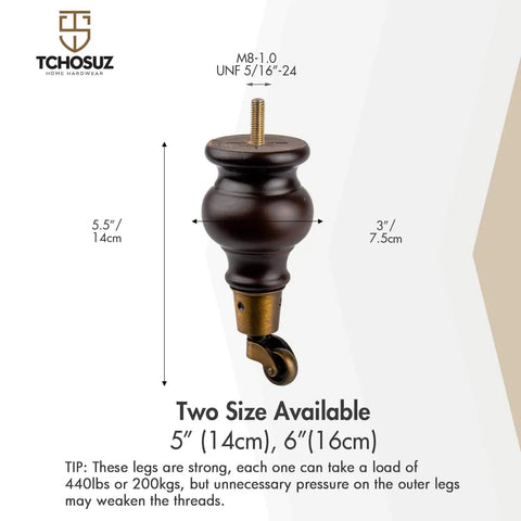 Close-up of Six Inch Walnut Wood Furniture Legs With Casters Two Pack showing 5-inch size and caster wheel