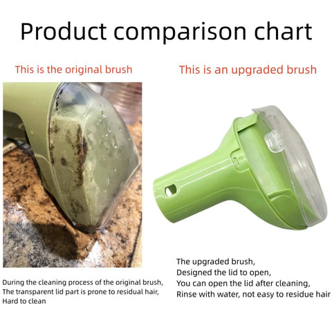 Brush replacement attachments comparison: original dirty brush on left; upgraded green detachable-lid brush on right.