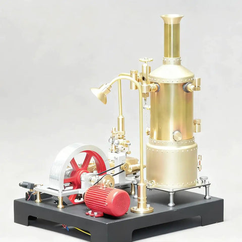 Fully Functional Steam Engine Model Kit For Adults With Boiler System, Generator And Lamp Stand, 38 Piece Educational Physics Experiment Toy For Hands On Learning And Steam Power Enthusiasts, gold metal engine with red wheel