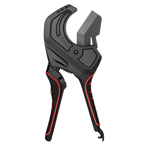 Ratcheting PVC CPVC Pipe Cutter with wide jaw and anti-fatigue grip for effortless cutting in professional plumbing and contracting.
