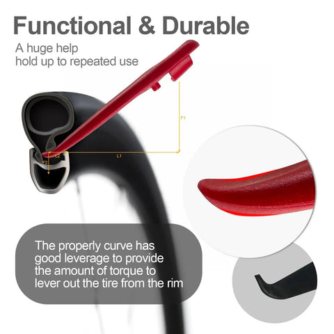 Diagram of Ultra Strong Bicycle Tire Levers Set showing the red lever's curve for torque, part of 6-piece Grab And Go Snap Together Bike Tire Tools.