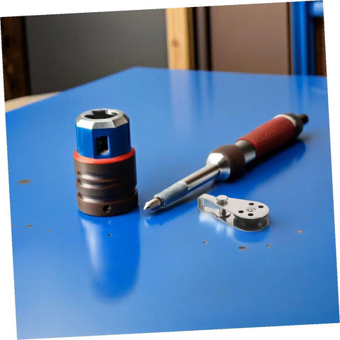 Workbench with tools including a ratchet screwdriver and socket on a blue surface, no Heavy Duty Stainless Steel Sailing Pulley Blocks visible.