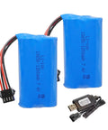2 Pack 7.4V 1200mAh Li-ion Battery Pack For RC Drones And Remote Control Cars With SM-4P Plug And Charger Cable, Rechargeable 18650 Battery Replacement Ready To Roll, blue batteries and charger.