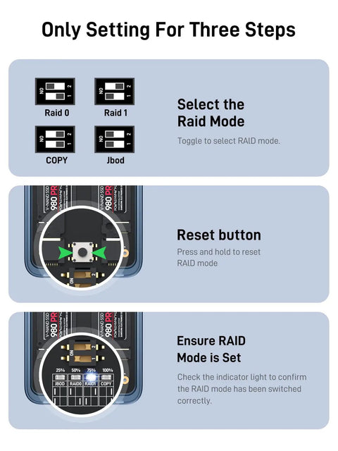 Heavy Duty Dual Bay Nvme Enclosure Boasts Straight Up Raid 0 1 Jbod And No Sweat Clone Mode For Kickin Fast Speed On 2280 M2 Ssd Portable External Storage Drive settings panel with RAID mode switches.