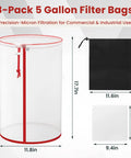 Eight Pack Nylon Mesh Filter Bags For 5 Gallon Buckets Reusable Hydroponics Filtration Set with dimensions and pouch