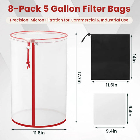 Eight Pack Nylon Mesh Filter Bags For 5 Gallon Buckets Reusable Hydroponics Filtration Set with dimensions and pouch