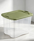 Hella Huge 95 Quart Clear Plastic Storage Bin With Super Grippy Handles for organizing bulky seasonal gear on a light floor.