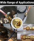 Collage showing Five Eighths Inch Brass Flare Nut Set Two Pack SAE 45 Degree Flare Tube Fittings used in air conditioning systems.