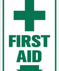 Heavy Duty Aluminum First Aid Sign 8x12 Inch Weatherproof And Rust Resistant Pre Drilled For Easy Mounting Ideal For Workplace School Hospital Factory Warehouse And Outdoor Use, green cross and arrow, white background.