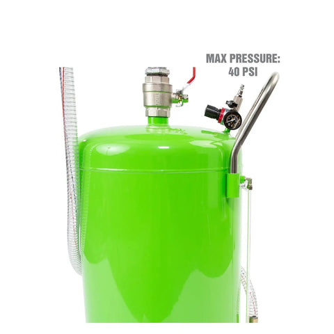 Close-up of green steel waste oil container with max pressure valve, part of the 18 Gallon Spillproof Portable Oil Drain Pan With Rolling Cart