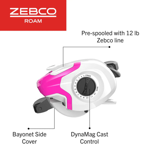 Go To Freshwater Baitcast Reel And Fishing Rod Combo For Anglers pink reel close-up, DynaMag cast control, pre-spooled with line