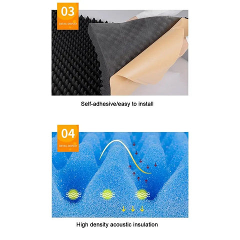 Dead Silent Soundproof Panels Beefy Acoustic Foam Sheets Self Adhesive Wall Tiles Flame Retardant Noise Reducing showcasing installation details.