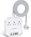 Power Strip With USB C And USB Ports For Travel 3 Outlets And 4 USB Ports 22.5W Fast Charging Flat Plug 5ft Braided Extension Cord No Surge Protector ETL Listed Great For Cruise Ships Office And Home, white color with coiled cord.
