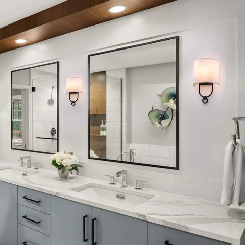 Modern Wall Sconces With White Fabric Shade Two Pack For Bedroom Hallway Entryway Bathroom Vanity Bedside Lighting Metal Fixture With Curved Design And Open Back Compatibility With LED Incandescent CFL Halogen Up To 40W E12 Bulbs Not Included installed in bathroom with dual mirrors