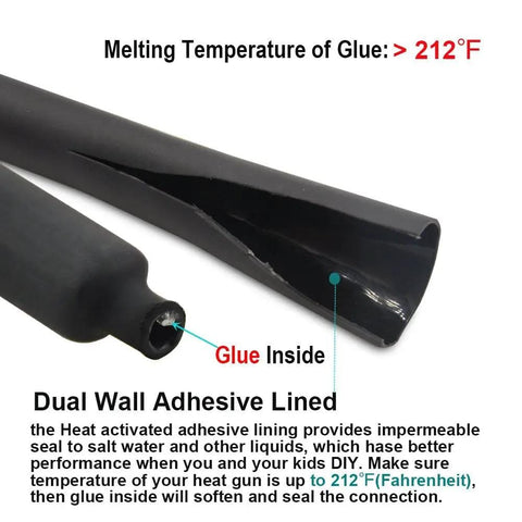 Close-up of 130 Pcs Dual Wall Adhesive Heat Shrink Tubing Kit showing glue lining and melting temperature above 212°F.