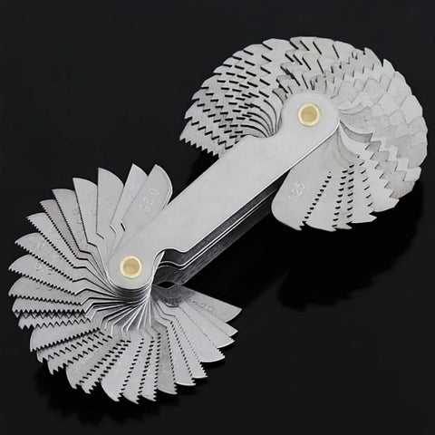 Front view of a metal 58-piece screw thread pitch gauge set with metric and imperial blades folded into a circular fan