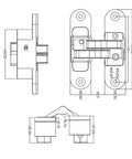 Level Up Your Cabinetry with This Heavy Duty 3D Adjustable Invisible Hinge crafted from Tough As Nails SUS 304 Stainless Steel dimensions drawing