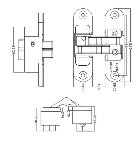 Level Up Your Cabinetry with This Heavy Duty 3D Adjustable Invisible Hinge crafted from Tough As Nails SUS 304 Stainless Steel dimensions drawing