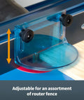 Router Table Dust Port And Bit Guard Kit For Safe Routing with blue tint safety shield and knobs on router fence mount