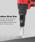 Dang Cool 18V Cordless Rivet Gun Tool With Brushless Motor And Handy Led Light For Metalworking And Auto Jobs Fits 1/8 To 3/16 Inch Rivets Smooth Fast Pulling Power That Gets The Job Done Right. cordless rivet gun drilling 1/8 to 3/16 inch rivets on sheet metal