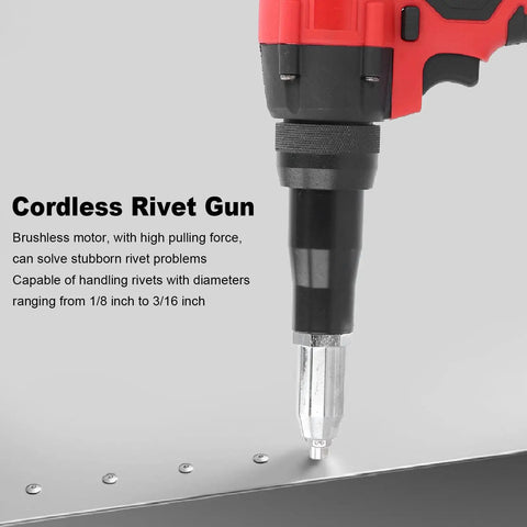 Dang Cool 18V Cordless Rivet Gun Tool With Brushless Motor And Handy Led Light For Metalworking And Auto Jobs Fits 1/8 To 3/16 Inch Rivets Smooth Fast Pulling Power That Gets The Job Done Right. cordless rivet gun drilling 1/8 to 3/16 inch rivets on sheet metal