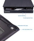 Portable External CD DVD Drive For Laptop With USB 3 0 Type C Black Slim Optical Drive Burns CDs DVDs Plays Rips And Backups Fast Plug And Play For Laptop Mac PC With Easy Data Transfer And Media Playback, top view with USB cable