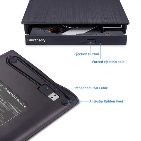 Portable External CD DVD Drive For Laptop With USB 3 0 Type C Black Slim Optical Drive Burns CDs DVDs Plays Rips And Backups Fast Plug And Play For Laptop Mac PC With Easy Data Transfer And Media Playback, top view with USB cable