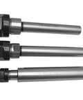 Heavy Duty Collet Chuck Holder Extension Bar For CNC Milling And Lathe Tooling shown in three sizes and varying lengths, steel construction.