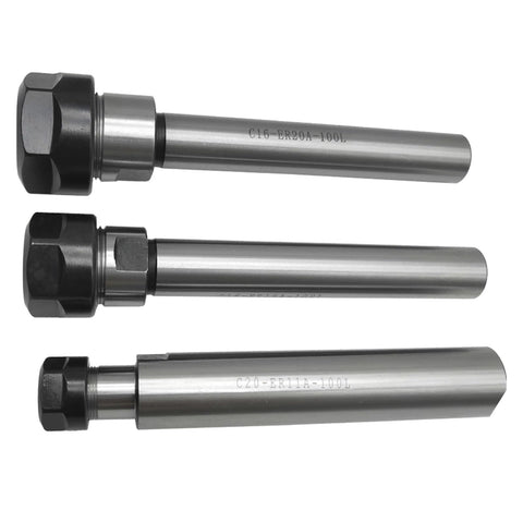Heavy Duty Collet Chuck Holder Extension Bar For CNC Milling And Lathe Tooling shown in three sizes and varying lengths, steel construction.