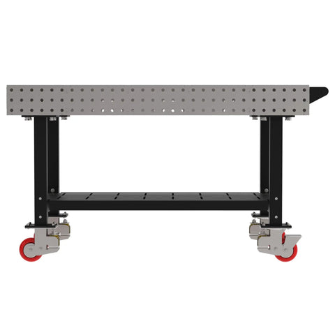 Precision Laser Cut Welding Fixture Table 60 X 36 Inches showing steel worktop and smooth rolling casters for mobility.