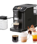 No Sweat Fully Automatic Espresso Machine With Integrated Milk Frother For Silky Lattes And Creamy Cappuccinos Barista Level Coffee Maker Total Control Brewing Black featuring brewing process and drinks.