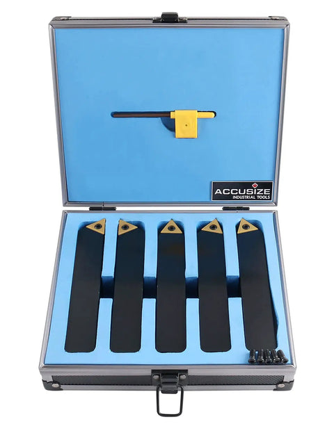 Pro Grade 1 Inch Shank 5 Piece Indexable Turning Tool Set With TiN Coated Carbide Inserts For Smooth Cuts, Positive Rake And 7 Degree Clearance, Includes STACR STNCR STECN STDCR STCCR Holders For Lathes And Turning Centers