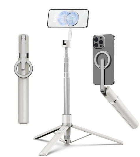 68 Inch Magnetic Selfie Stick Tripod With Aluminum MagSafe Holder, 360 Degree Rotating Phone Stand on tripod and folded view
