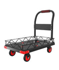 Heavy Duty Platform Hand Truck Featuring 360 Degree Swivel Wheels And Adjustable Safety Rail, black and red, mobile cargo carrier.