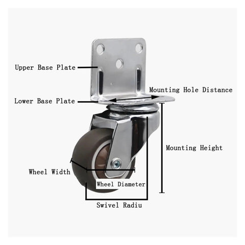 4 Pack Universal Swivel Casters Heavy Duty Furniture Wheels Castors Silent Trolley Wheels detailed view with dimensions shown