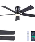 Black Flush Mount Ceiling Fan With Lights, Low Profile Design, DC Reversible Motor, 6 Speeds, Remote And App Control, fan blades, remote, app
