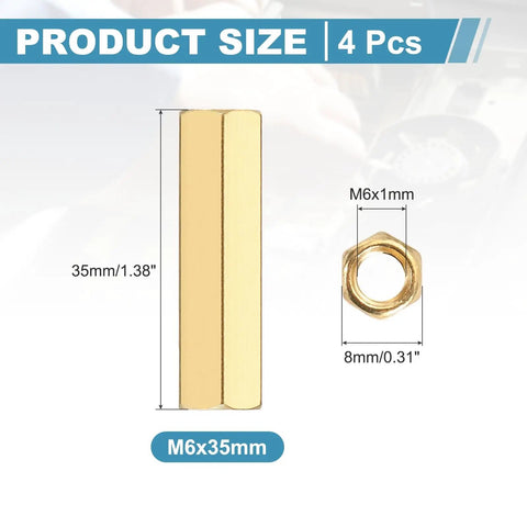 Brass Hex Coupling Nuts M6x35mm Female Thread Hexagonal Standoffs Spacer Nuts For PCB Motherboard Assembly Gold Tone No Fuss Install Ideal For Electronics Repair DIY Projects Server Racks And Marine Gear Pack Of 4 shown with size dimensions