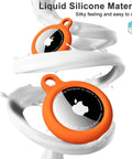 Neon Orange Silicone AirTag Keychain Case With Ring Waterproof AirTag Holder floating in white swirl, front view.