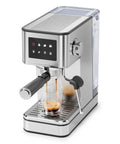 Top Shelf No Fuss 20 Bar Espresso Machine With Built In Grinder And Fast Milk Frother Stainless Steel All In One Coffee Maker Featuring Easy Lcd Display pouring espresso into a glass.